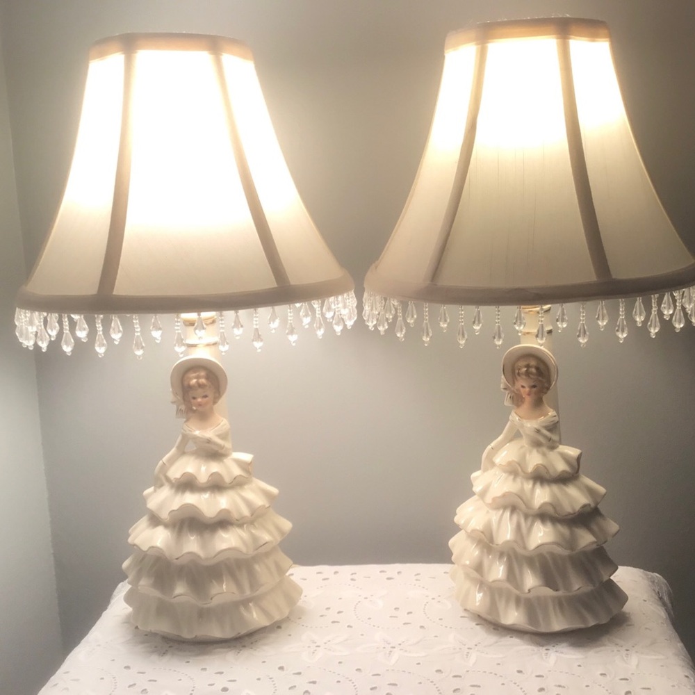 Southern Belle Boudoir Lamps Victorian Ladies Porcelain Beaded Shades Pair of 2